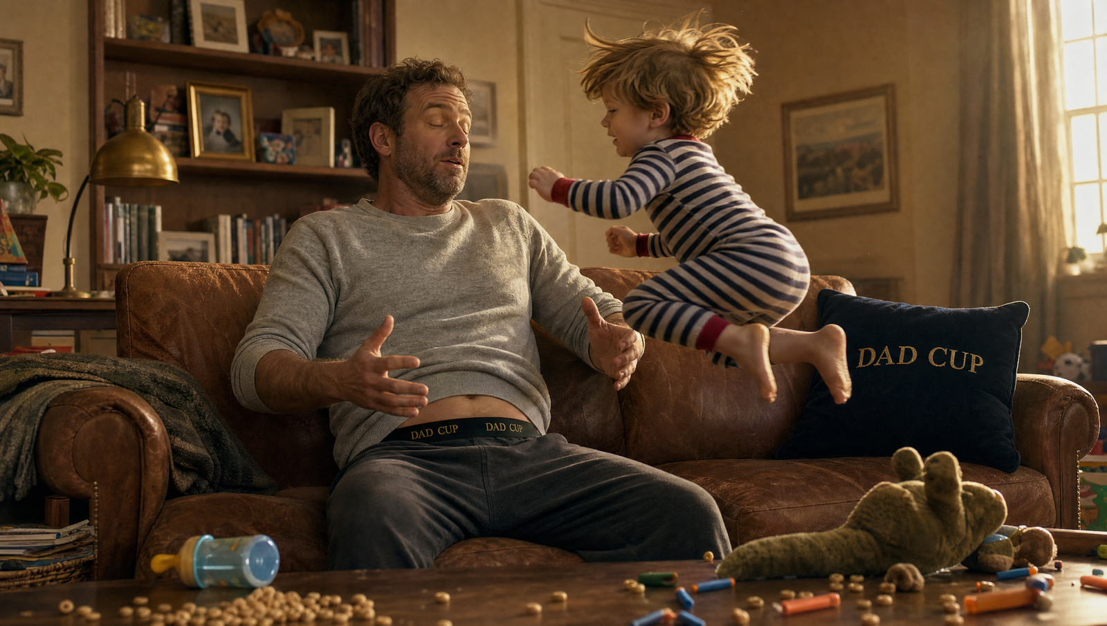 Dad on couch with kid mid-launch