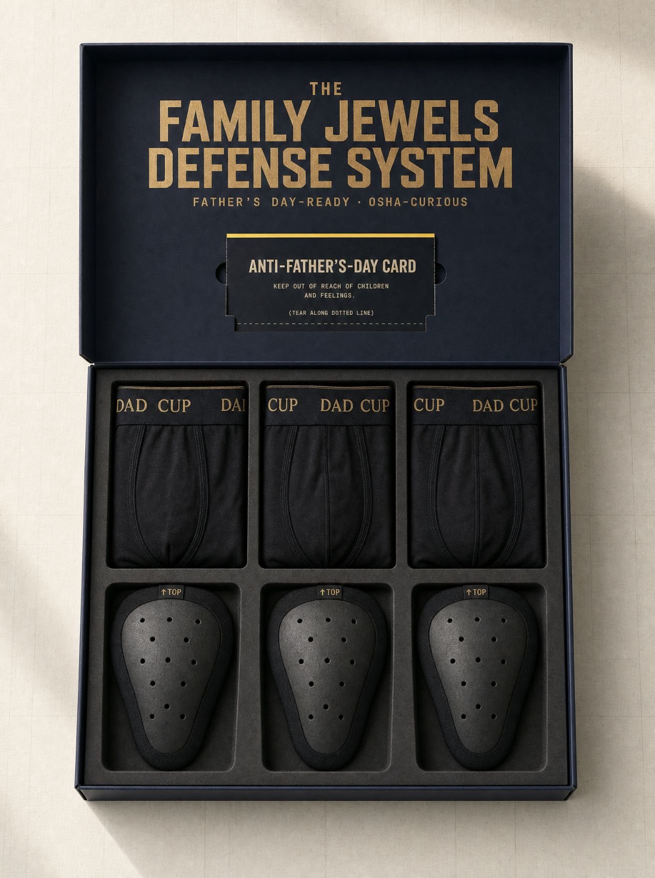 Family Jewels Defense System — premium gift box with three briefs and three Cups