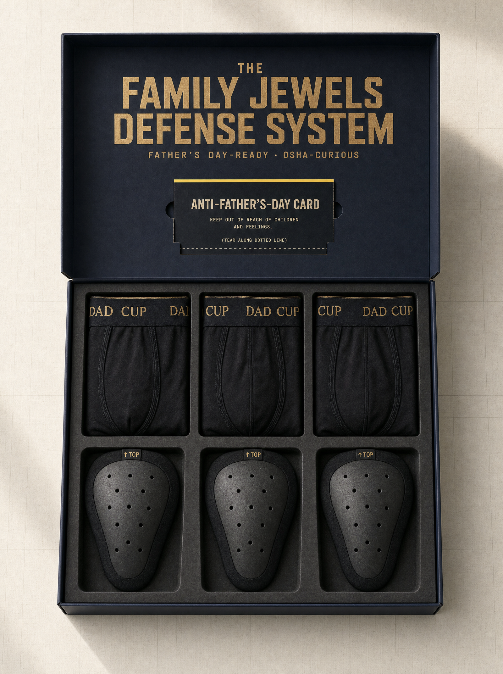 Family Jewels Defense System — premium gift box with three briefs and three Cups
