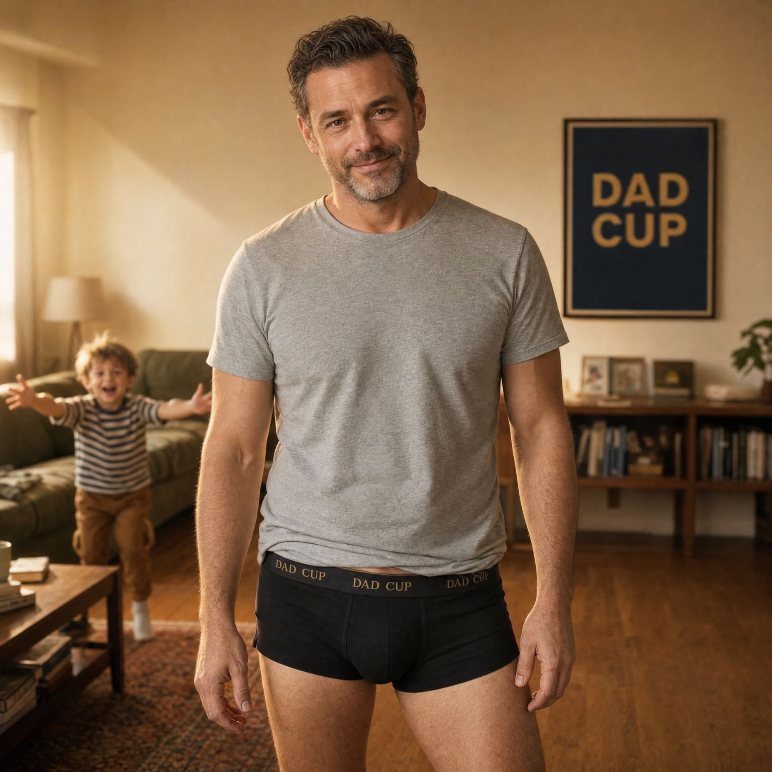 Dad confident, kid charging in background