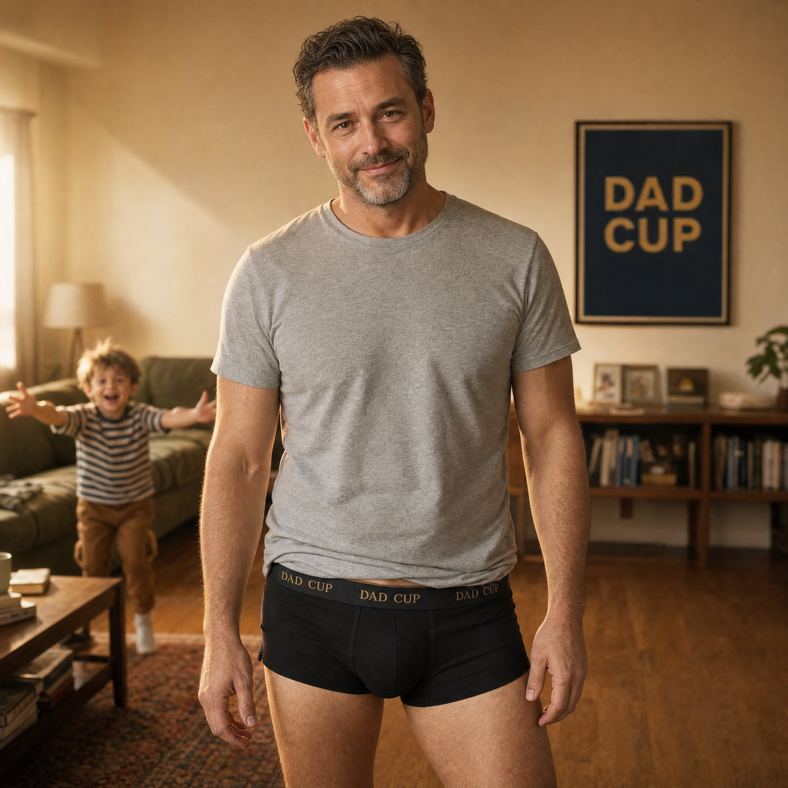 Dad confident, kid charging in background