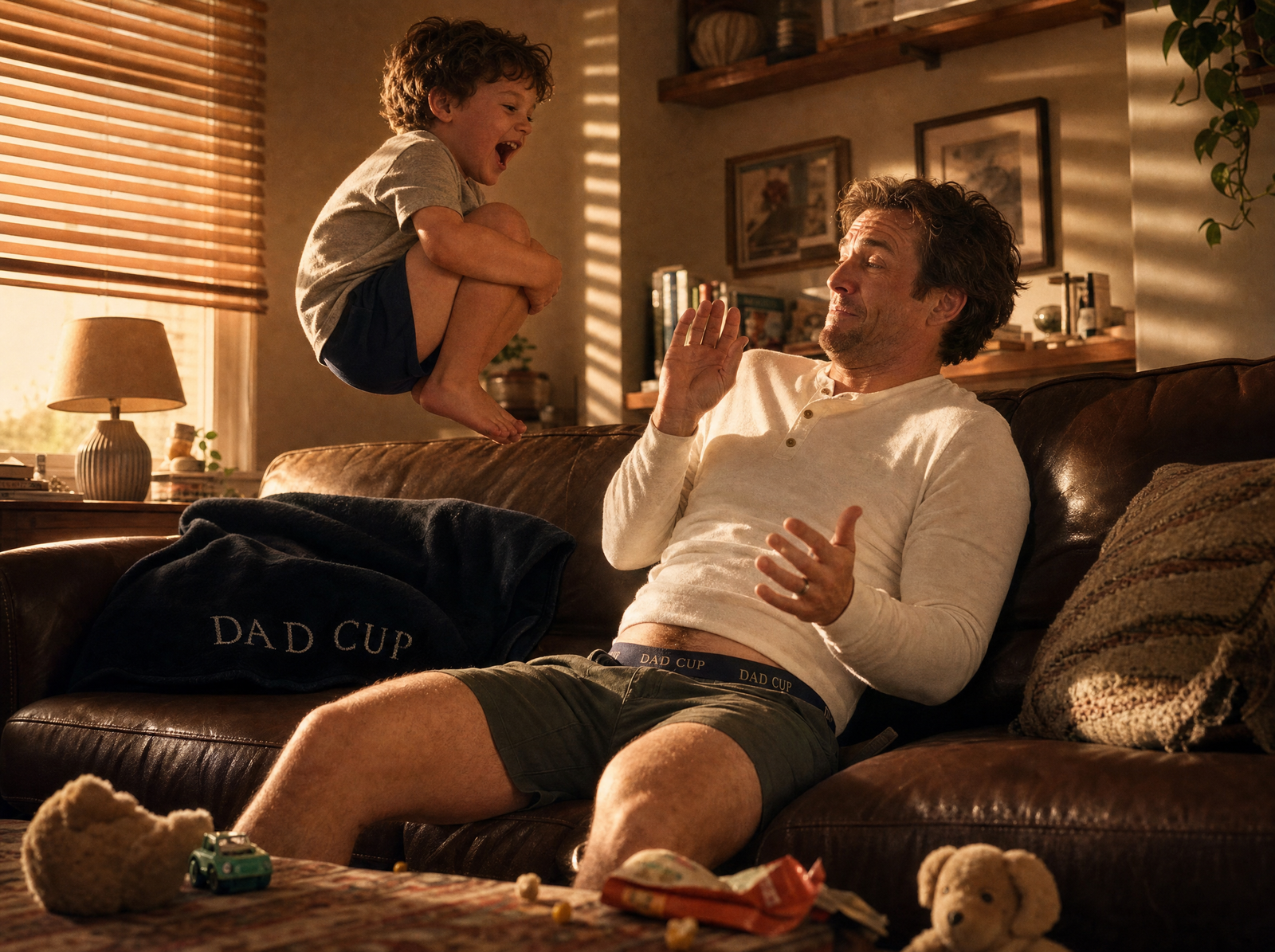Kid cannonballing toward seated dad