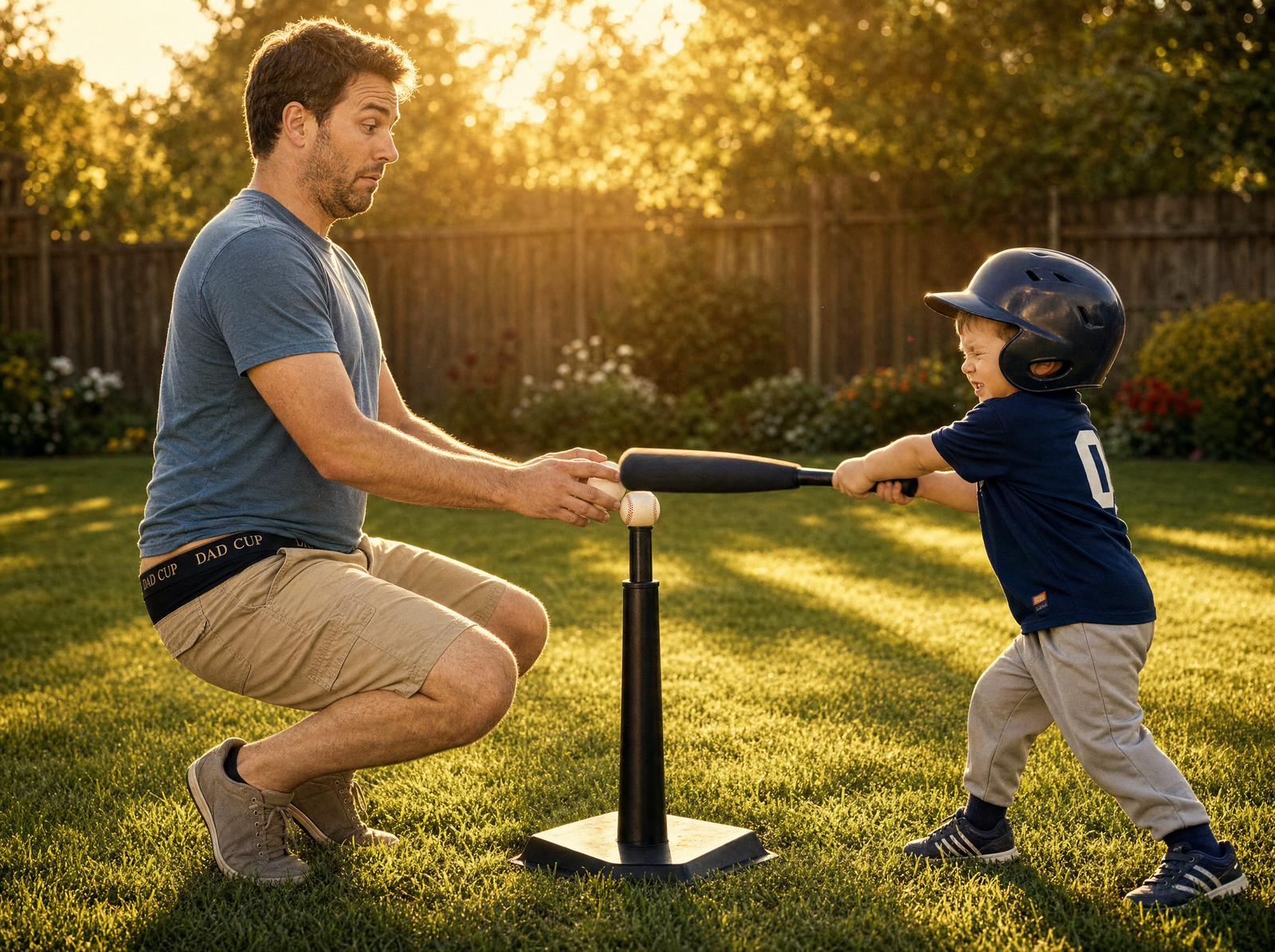Kid almost hitting dad playing Tee-Ball