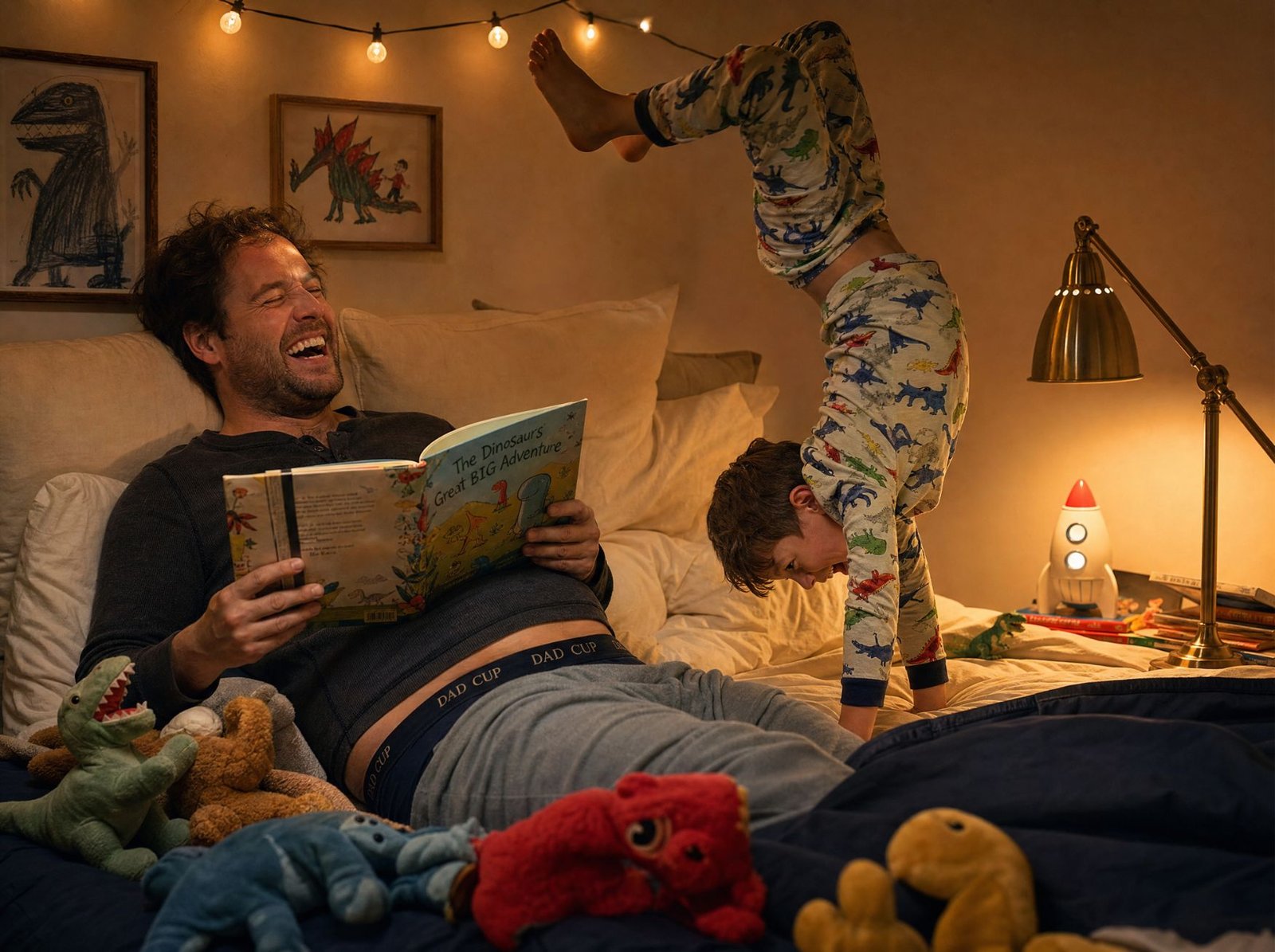 Kid doing gymnastics on dad during bedtime story